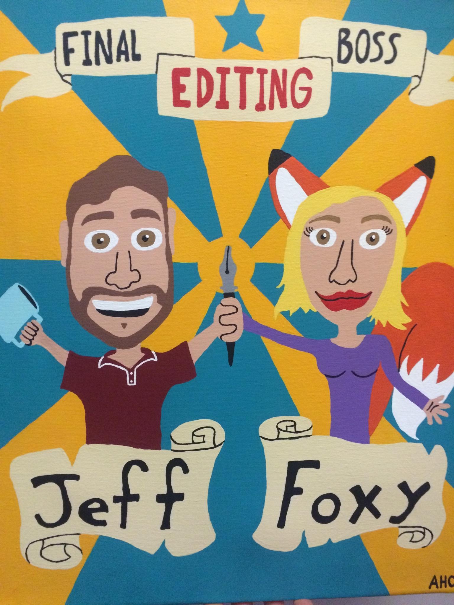 Folk-art painting of a bearded man and a fox-eared blonde woman holding a pen, banners reading 'Final Boss Editing'